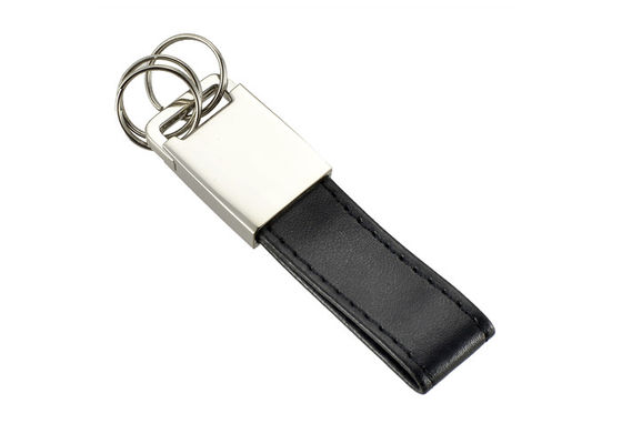 Debossedのロゴの金属黒いPUはKeychain 3小さいリング キーホルダーに革を張る